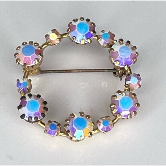 Vintage Austria Signed BROOCH 1.5" Aurora Borealis Quartz Stone Wreath Pin RARE - Picture 3 of 5